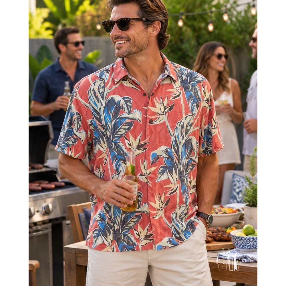 Tommy Bahama Shirt Mens Large Coral 100% Silk Hawaiian Bird Of Paradise Floral
